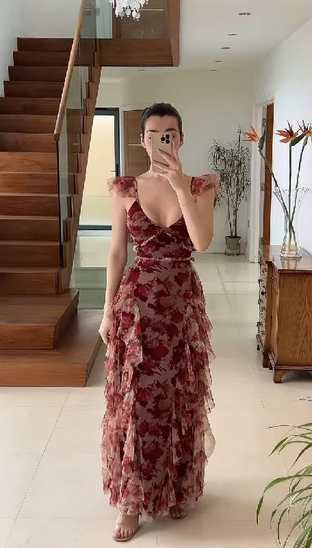Vintage Chiffon Print Irregular Ruffles Long Prom Dress A Line Evening Party Dress Tunics Print Colorful Vintage Chiffon Print Irregular Ruffles Long Prom Dress A Line Evening Party Dress Tunics Print Colorful