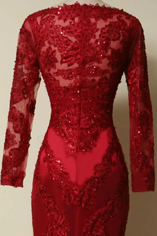 Elegant Long Sleeves Red Lace Mermaid Prom Dress, 2024 Party Dress, Evening Dress, 2024 Tunics stripes playful
