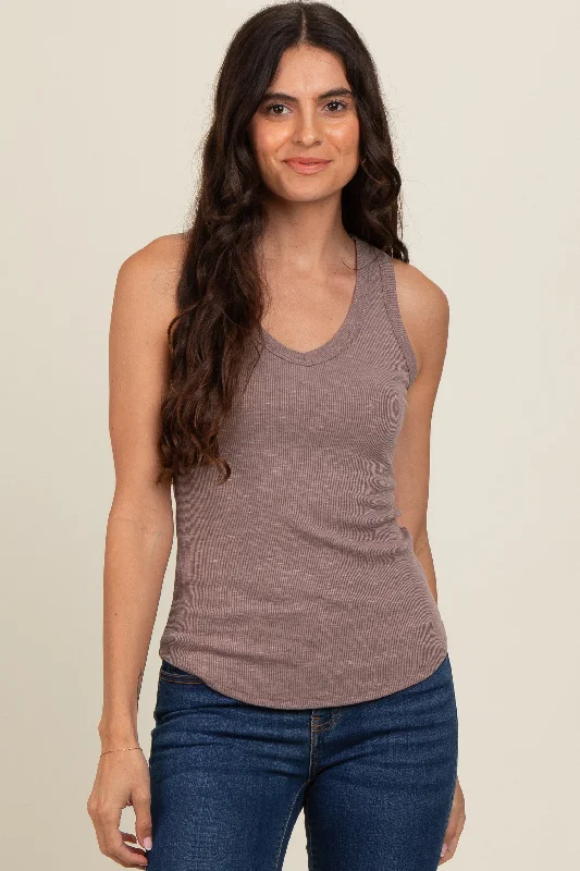 Mocha V-Neck Ribbed Tank Top chic tank top