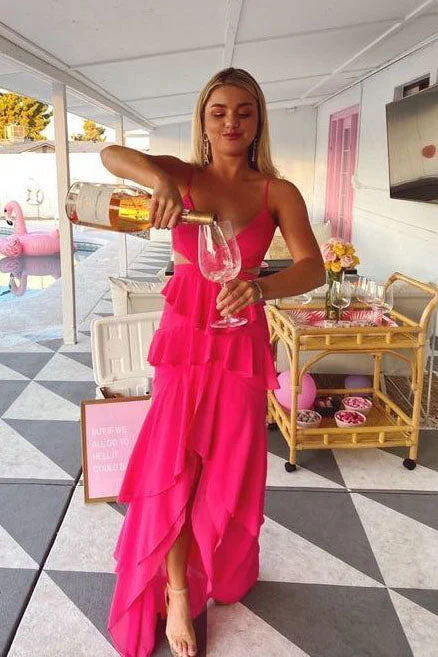 Spaghetti Straps Pink Chiffon Prom Dress, Hi-lo Long Party Dresses Tunics Vintage classic