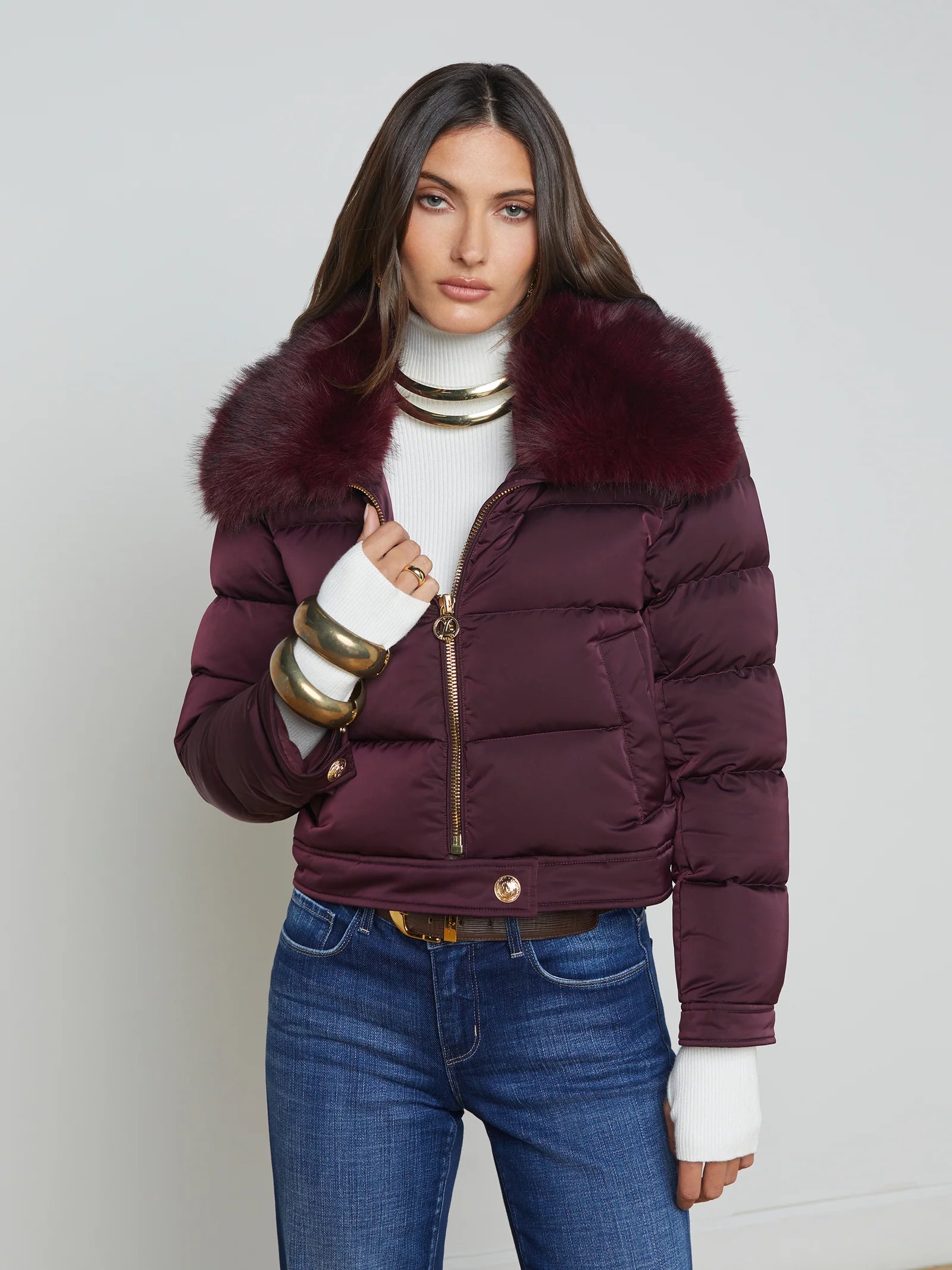 Bretton Puffer Jacket Wine - L'AGENCE Zippered Front Buttoned Front Snap Front