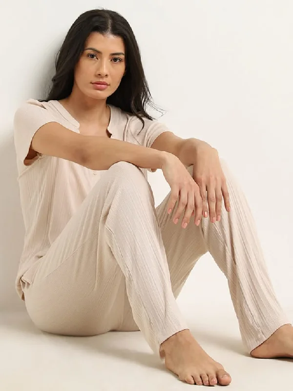 Wunderlove Beige Ribbed High-Rise Pants Slim-Fit Leggings