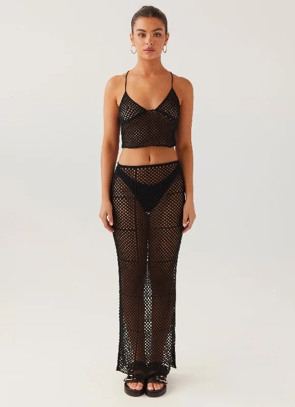 Tidal Dream Crochet Maxi Skirt - Black high slit skirt