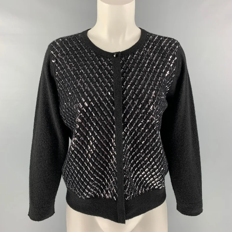 MAGASCHONI Size L Black Cashmere Knitted Hidden Buttons Cardigan Front Pockets Side Pockets Patch Pockets
