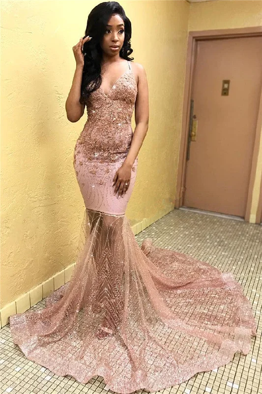 Pink Appliques Mermaid Tulle Prom Dresses | Sexy Sleeveless Spaghetti-Straps Party Dresses Tunics Hiking breathable