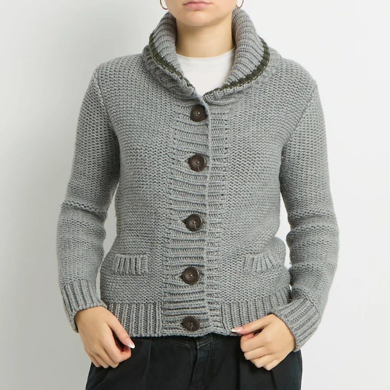 Chunky Knit Large Button Cardigan - UK 12 Chenille Blend Fleece Blend Nylon Blend