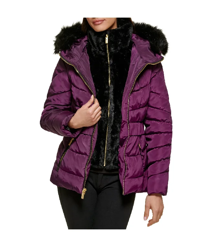 Faux Fur Trim Puffer Jacket 2 Eggplant A-Line Jacket Boat Neck Shawl Collar