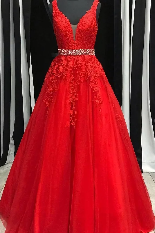 Red Lace Prom Dresses, Applique Party Dresses, A Line Evening Prom Dress Tunics Long Elegant