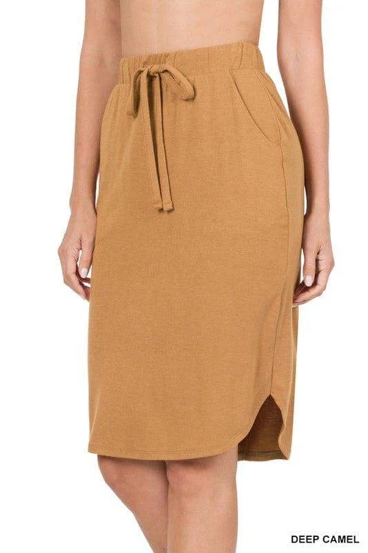 Zenana Self Tie Tulip Hem Skirt With Side Pockets linen skirt natural