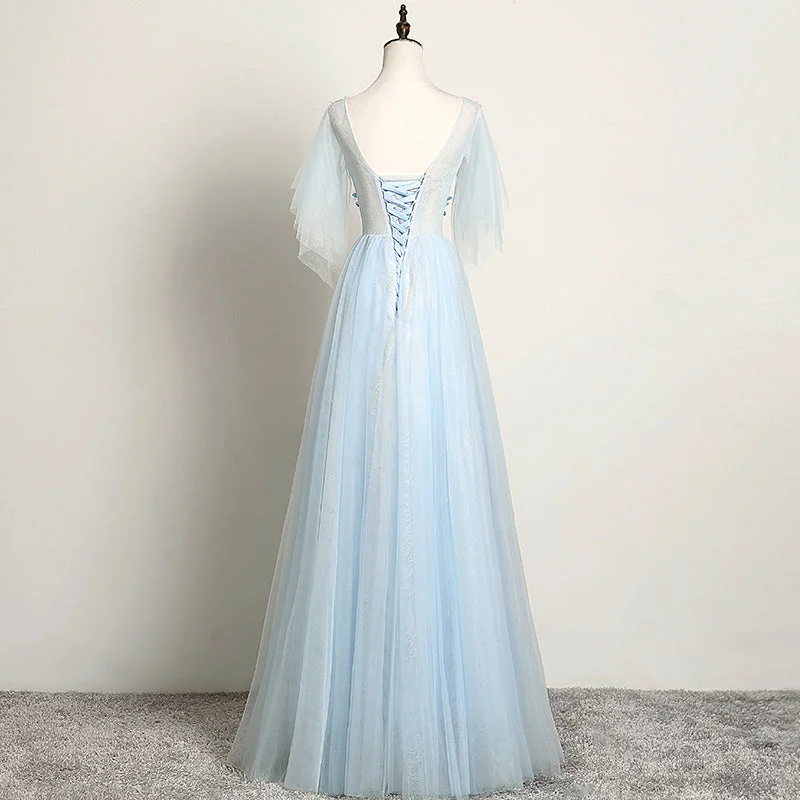 Light Blue Flower Lace V-neckline Puffy Sleeves Long Party Dress, Blue Prom Dress Evening Dress Tunics Chic fashionable