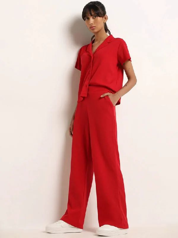 Superstar Red Ribbed High-Rise Pants Fashionable Sporty Pants