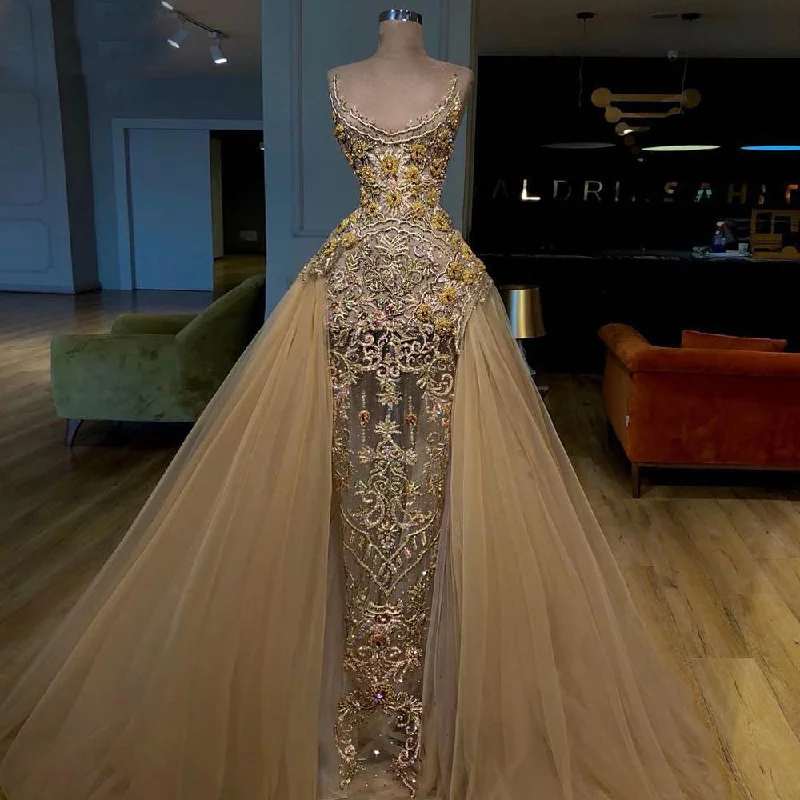 Gold Detachable Sequins Prom Dress, Sheath Fashion Lace Evening Dresses, 2024 Party Dresses, Custom Make Formal Dress Tunics Polka dots