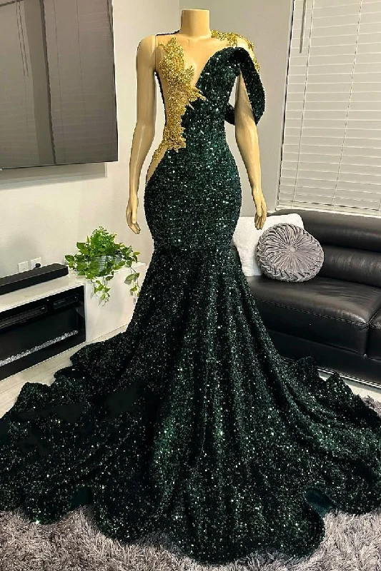 One shoudler Dark Green Sequin Floor length Prom Party Dresses Tunics Sophisticated sleek