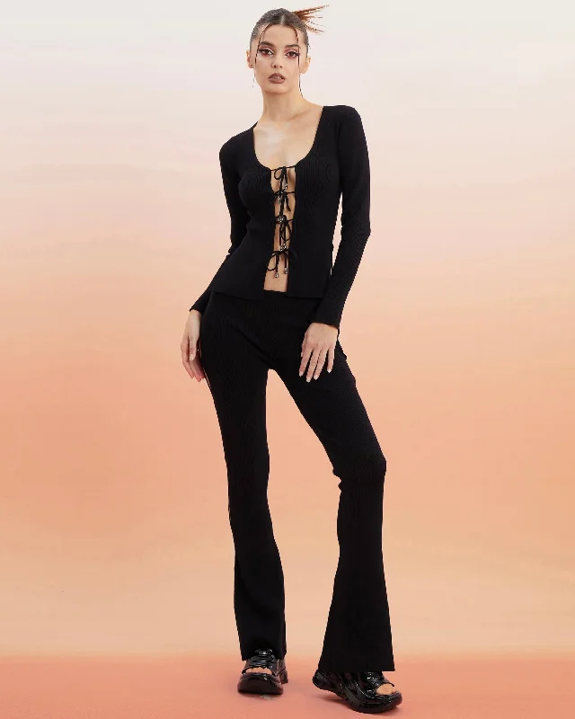 Iris Unicorn Blood Solid Color Ribbed Long Sleeve Top Flare Pants Matching Set Chic Faux Leather Pants
