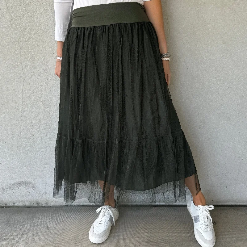 Keval KHAKI tulle skirt midi skirt versatile