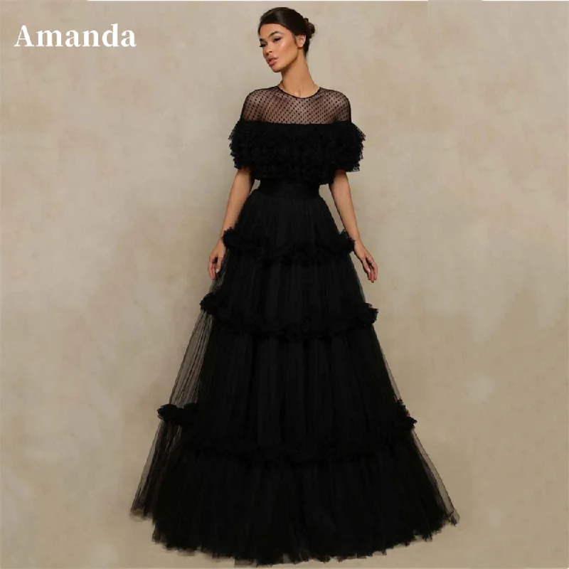 Cinessd Customized Black Multilaye Evening Dress Wave Point Prom Dress Sexy O-neck Party Dress Tulle A-line Tunics Lace romantic