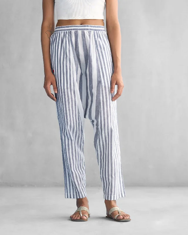 Toddy Panelled Pants - White & Blue Stylish Slim Trousers