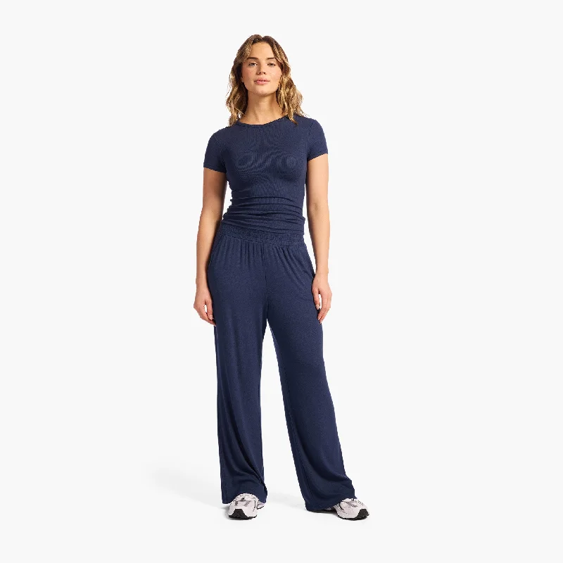 Slinky Rib Wide Leg Pant | Navy Soft Wool Pants
