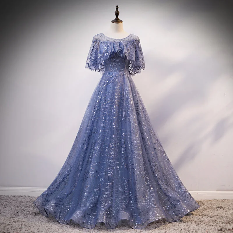 Glam Blue Off Shoulder Lace-up Long Evening Dresss Party Dress, Blue Wedding Party Dress Prom Dresses High-Low Hemline Casual