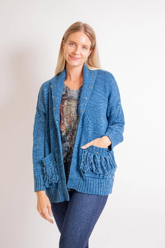 Everlee Indigo Cardigan Solid Print Embellished