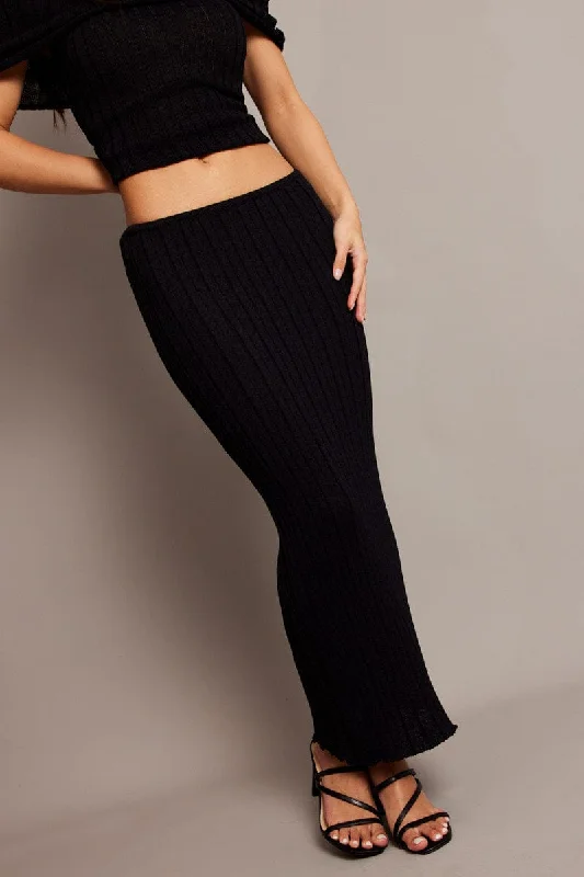 Black Knit Skirt Midi High Rise Relaxed Fit satin skirt smooth