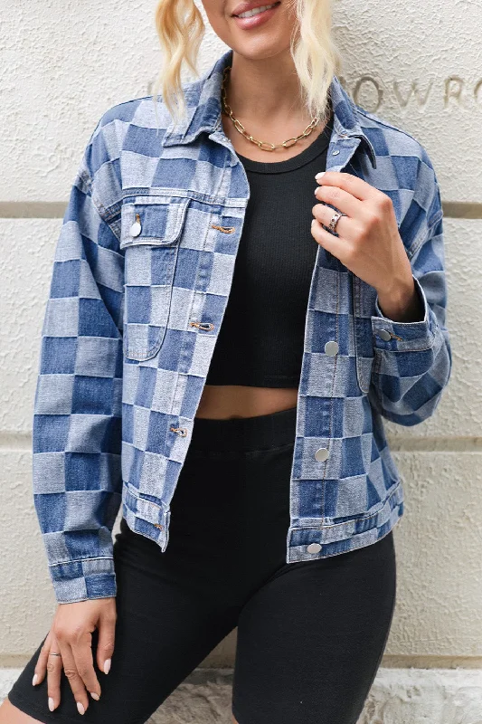 Zoe Checkered Button Up Long Sleeve Denim Jacket Oversized Jacket Tailored Jacket Straight Jacket