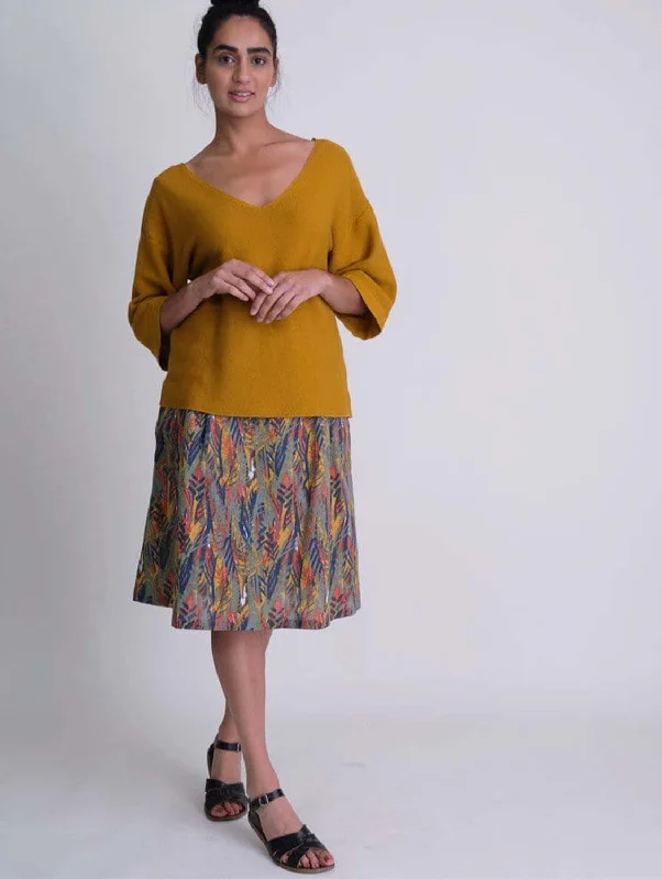 Eve Textured Cotton Knee Length Skirt | Tropical Print corduroy skirt durable