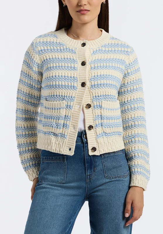 Amaranth Women's Striped Knit Cardigan with Front Pockets, Cloud & Blue - SW0113P Plaid Cardigan Polka Dot Checkered