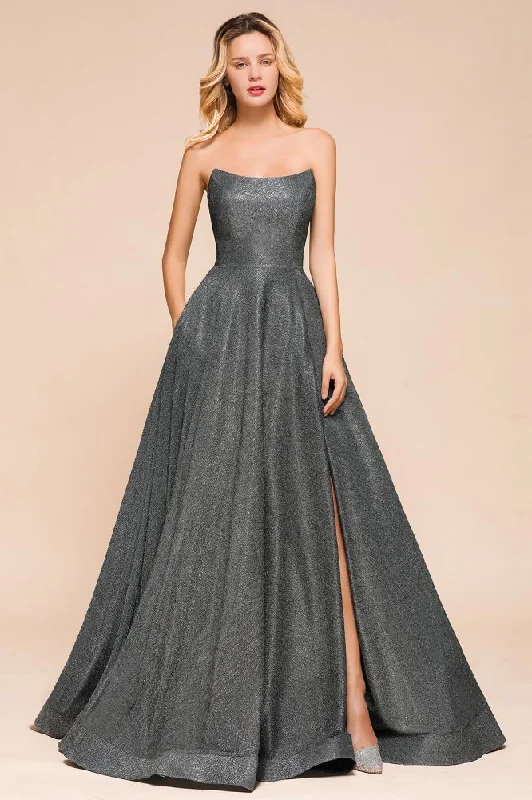 Strapless Glitter aline Evening Gown Sleeveless Front Slit Dancing Party Dress Tunics Review highly