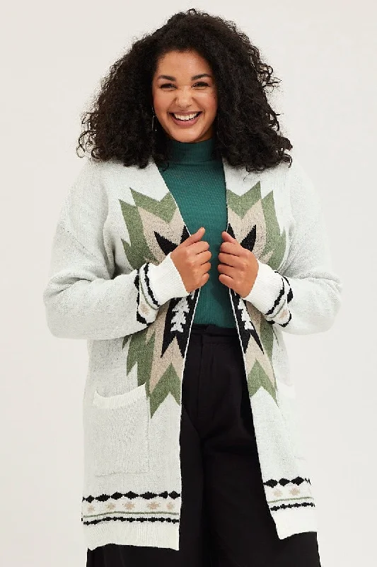 Multi Colour Knit Cardigan Long Sleeve Aztec Longline Cashmere Blend Cotton Blend Poly Blend