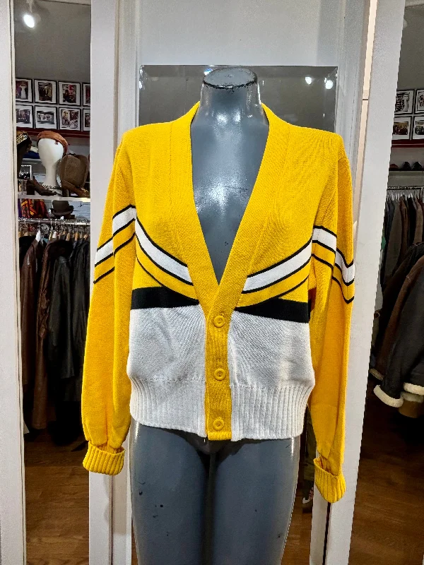 60’s Canary Yellow & Beige Varsity Knit Cardigan By Dehen Tailored Straight A-Line