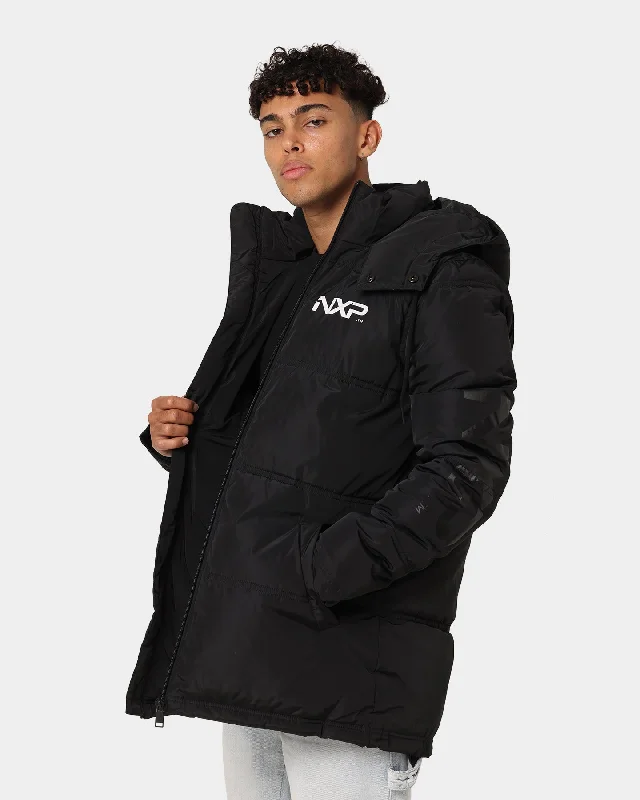 Nena and Pasadena Paramount Long Line Puffer Jacket Jet Black Zippered Front Buttoned Front Snap Front