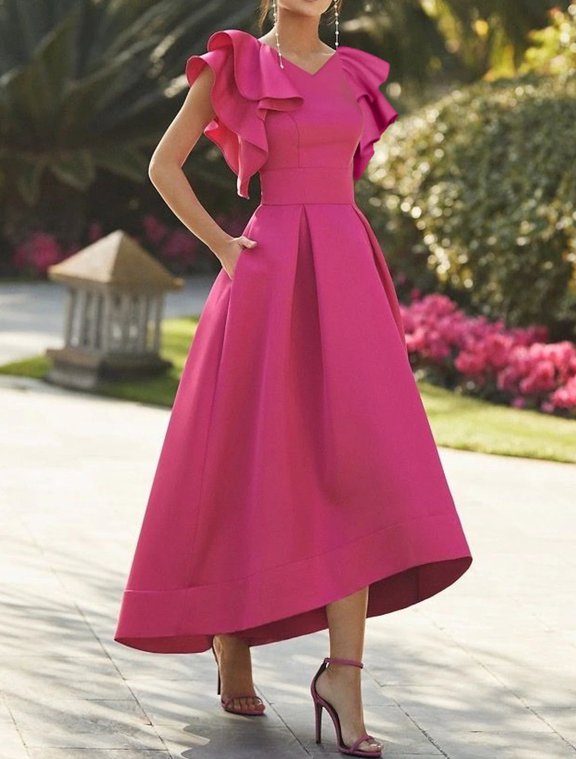 A-Line Cocktail Party Dress Elegant Dress Semi Formal Asymmetrical Sleeveless V Neck Fall Wedding Guest Stretch Fabric with Ruffles Tunics Stylish elegant