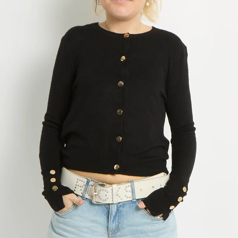 Fine Knit Round Neck Cardigan - UK 10 Mesh Blend Leather Blend Suede Blend