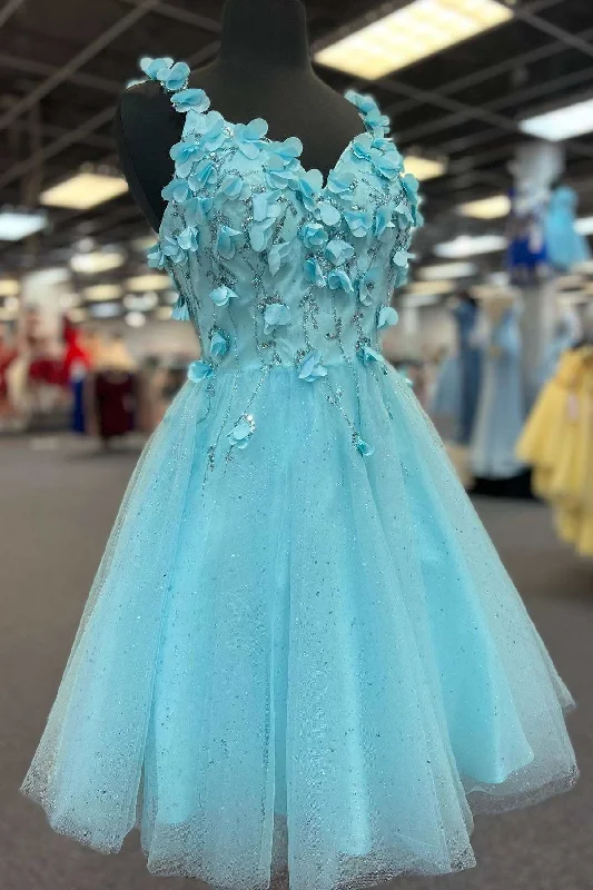 Tiffany Blue 3D Floral Lace Sweetheart Backless A-Line Short Party Dress Peplum Ruffle Cocktail