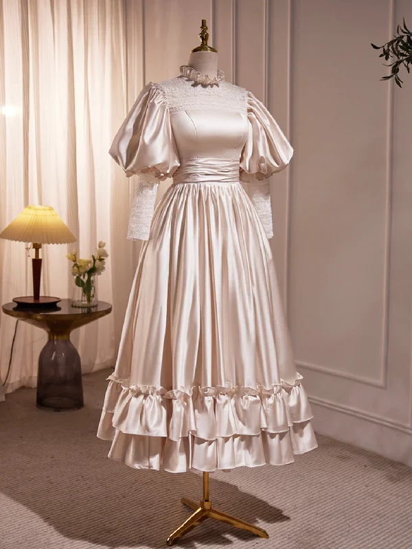 Champagne Satin Lace Long Sleeve Prom Dress, Champagne Evening Party Dress Tunics Modern contemporary