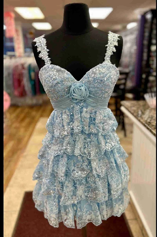 Light Blue Rosette Sequin Baby Doll Short Party Dress empire Waist empire