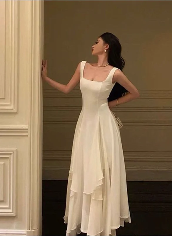 Lovely Ivory Chiffon Straps Long Party Dress Prom Dress, Ivory Wedding Party Dress Tunics Exclusive limited