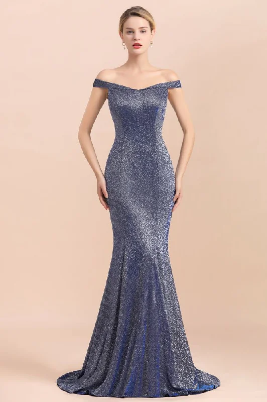 Charming Off-the-Shoulder Bright Silk Mermaid Evening Maxi Gown Floor Length Slim Prom Party Dress Tunics Practical easy-care