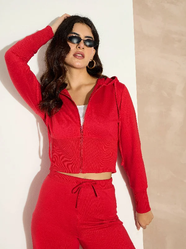 Women Red Terry Front Zipper Crop Jacket Faux Fur Jacket Real Fur Jacket Shearling Jacket