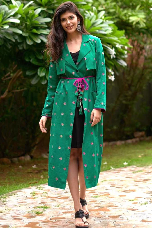 Green Bandhej Trench Jacket as seen on Sanjana Sanghi Stand-Up Collar Roll-Neck Collar Turtle Neck