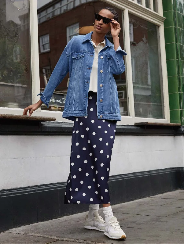 Doris Satin Skirt | Navy Big Polka belted skirt waist
