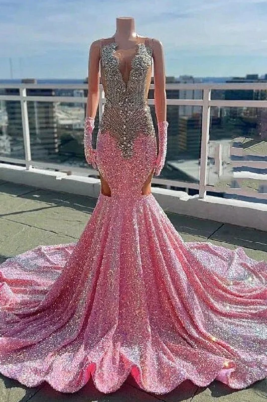 V-neck Silver Beaded Pink Long Prom Party Dresses with Cutout Turtleneck Warm Winter V-neck Silver Beaded Pink Long Prom Party Dresses with Cutout Turtleneck Warm Winter