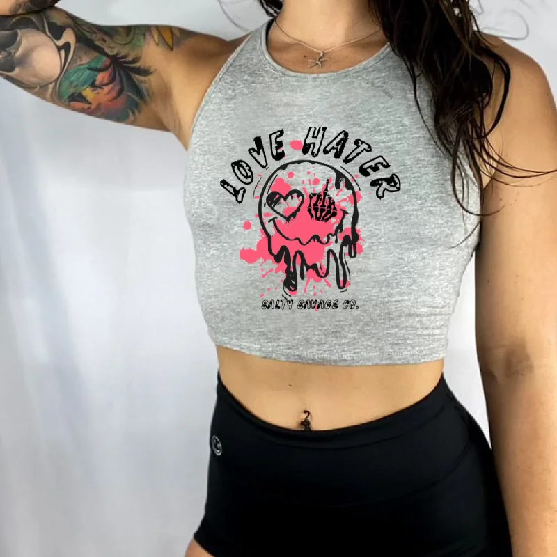 Ladies "LOVE HATER" High Neck Crop Tank peekaboo tank top