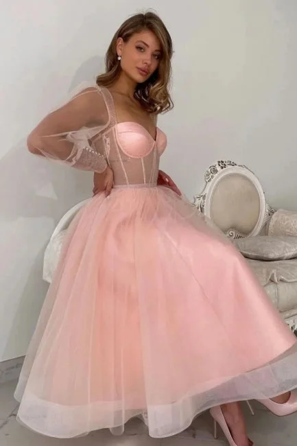 Elegant Long A-line Pink Tulle Long Sleeves Prom Dress Peach Party Dress Tunics Distressed trendy
