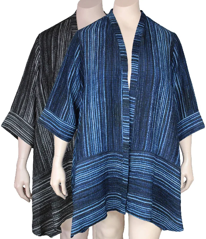 Dressori Striped Swing Kimono Jacket Front Pockets Side Pockets Patch Pockets
