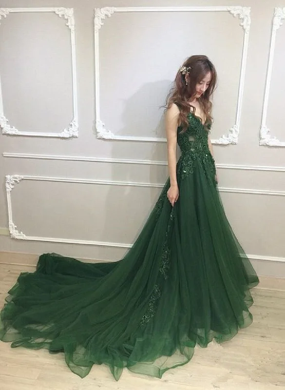 Dark Green Low Back Beaded Lace V-neckline Party Dress, A-line Prom Dress Tunics Summer linen