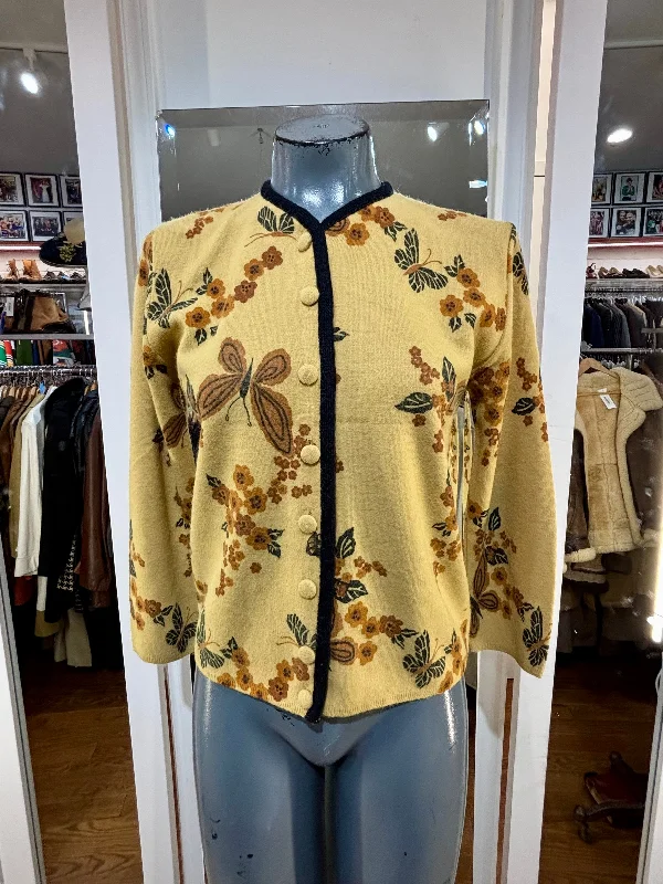60’s Beige Multicolor Butterfly And Flowers Knit Cardigan Terry Blend Velvet Blend Canvas Blend