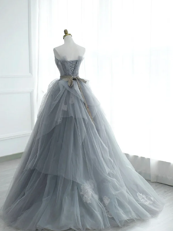 Gray Strapless Tulle Lace Long Prom Dress, A-Line Evening Party Dress Tunics Ceremony elegant