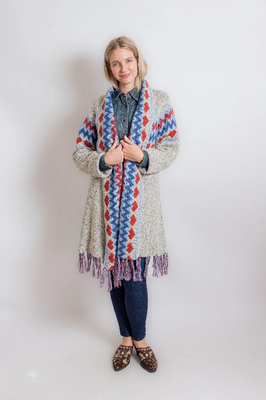 Gray, Blue & Red Cardigan Handmade Hand-knitted Hand-woven